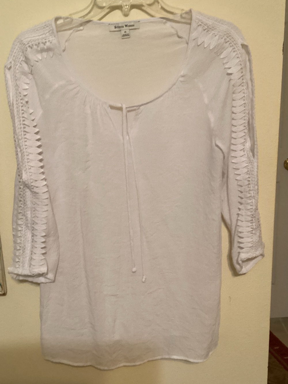 Studio Works White Crochet-Sleeve Peasant Blouse